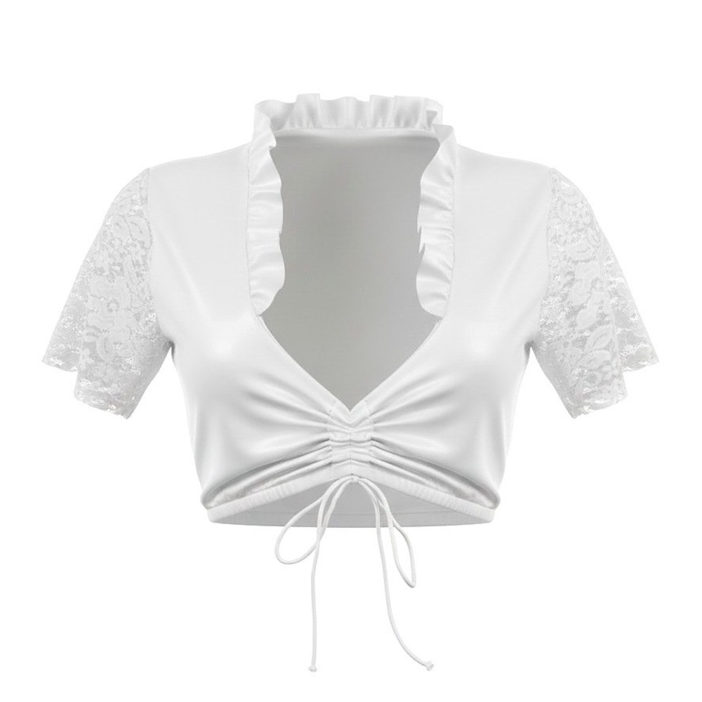 New Small White Ruffle Dirndl Blouse Top Sweetheart V Neck Adjustable Lace